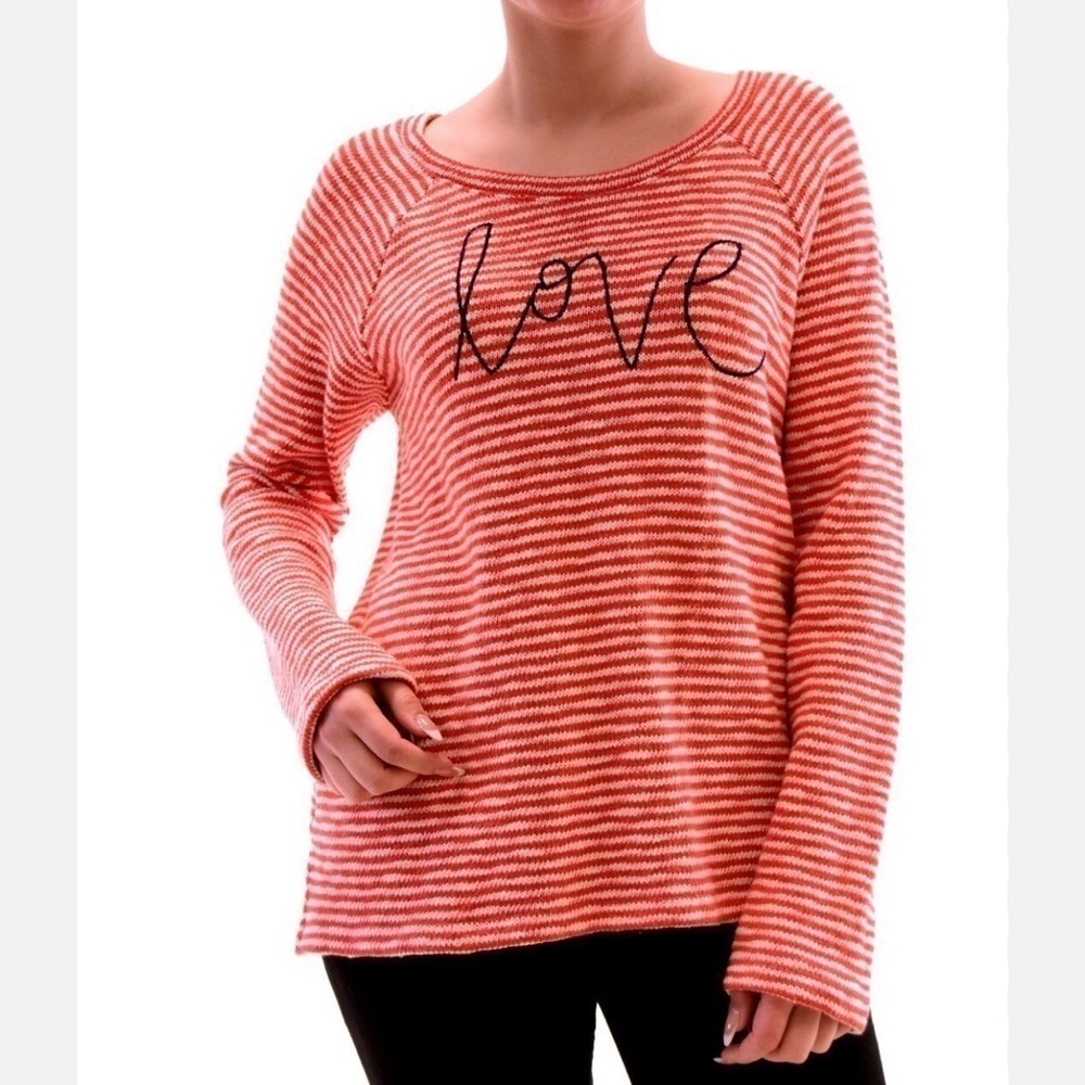SUNDRY Love Embroidery Sweater Striped Knit Pullover Red White Size 1 Small